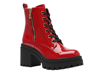 Red patent leather combat boot with black laces and a thick platform sole