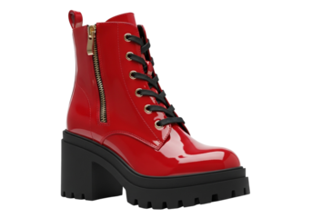 Red patent leather combat boot with black laces and a thick platform sole
