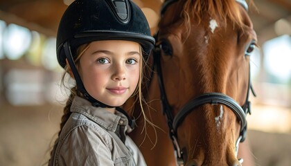 Girl in helmet with brown horse in stable, soft focus background, looking at camera