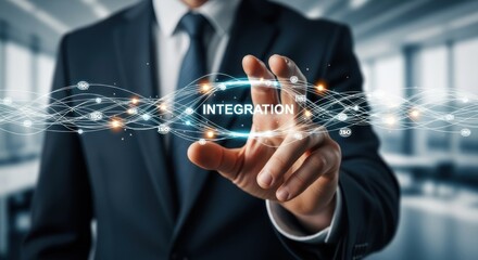 Businessman touching word integration in glowing digital network, for seamless connectivity, global collaboration, efficient data flow in modern business operations digital transformation