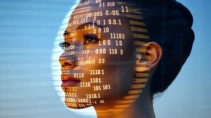 A visual journey showcasing the blend of humanity and technology, with dynamic digital projections on a person's face during sunset - Powered by Adobe