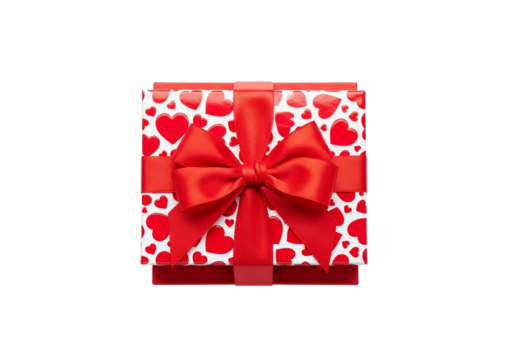 Red gift box with white hearts and a red ribbon bow
