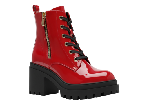 Red patent leather combat boot with black laces and a thick platform sole