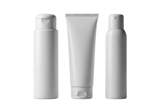 Three white cosmetic bottles and a tube arranged in a row