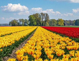 Fototapeta premium Rows of vibrant yellow and red tulips stretch toward distant trees under a blue sky.
