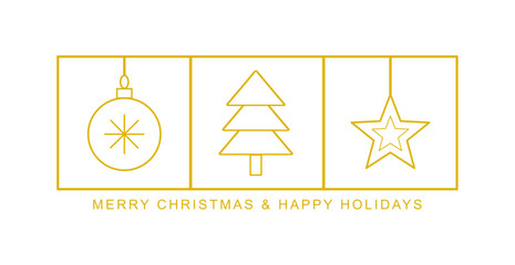 Minimalist Gold Christmas Line Art Design with Tree, Ornament, and Star Icons, Golden Line Christmas Icons, Minimal Modern Festive Vector Illustration