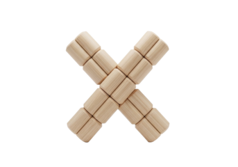 A wooden letter x made of small cylindrical blocks