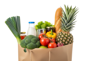 Brown paper grocery bag filled with fresh food items including vegetables, fruit, bread, and milk