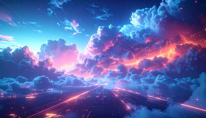 Dreamy cityscape view under fluffy, colorful clouds bathed in a vibrant, ethereal glow, like a hyperreal fantasy