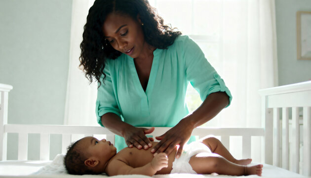 Black mother gently massaging her newborn baby's stomach in a crib. Loving african american mom caring for her infant in a bright nursery. Motherhood and family bonding concept - Powered by Adobe