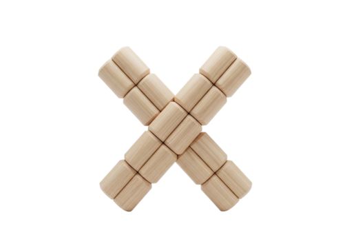 A wooden letter x made of small cylindrical blocks