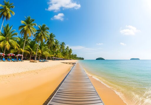 Tropical paradise beach scene with clear blue skies and palm trees for vacation inspiration and travel design - Powered by Adobe