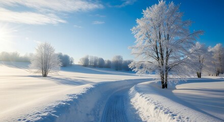 Obraz premium Winter wonderland landscape with snowy trees and clear blue sky for seasonal greeting card design