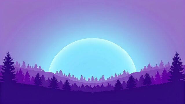 Mystical purple blue forest landscape with giant glowing sky orb