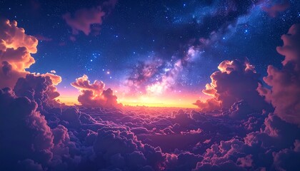 Dreamy clouds meet a starlit sky with a warm, ethereal glow