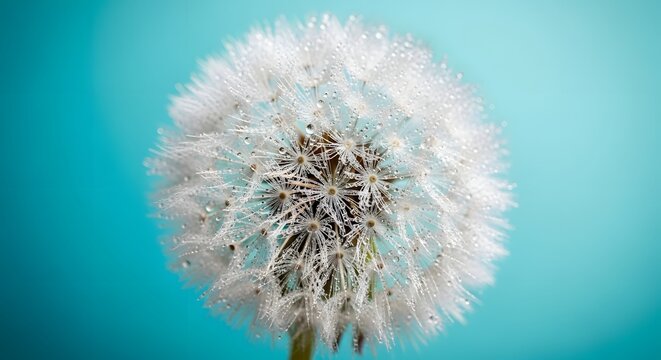 Close-up of dew-covered dandelion on blue background for nature and botanical design