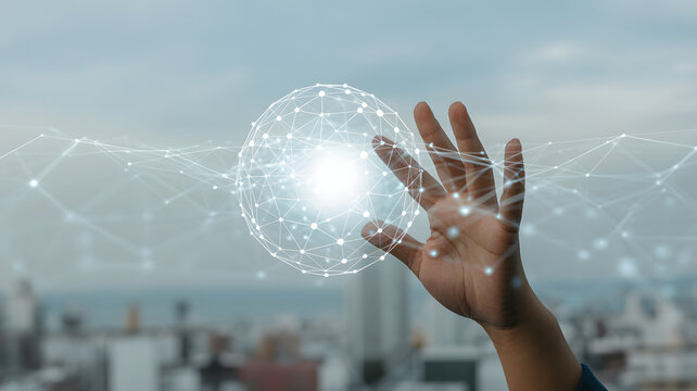 Touching the future with a glowing digital network sphere, symbolizing innovation and global connection in a modern world