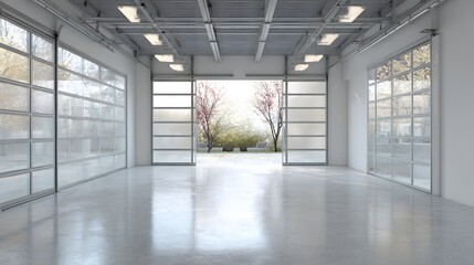 Empty luxury garage with smooth cement floor and glass door panels
