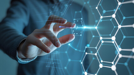 Innovative professional interacting with futuristic digital network interface displaying data and analytics for global connection