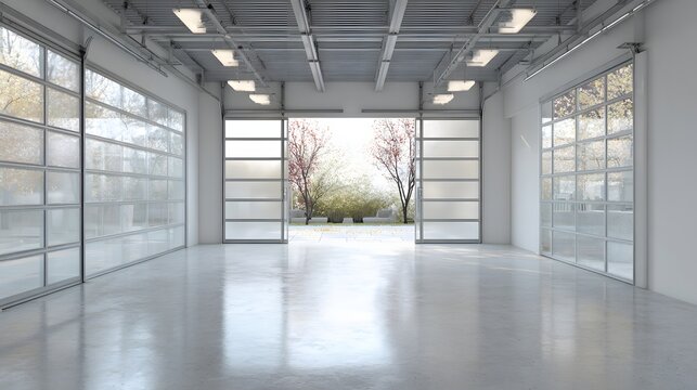 Empty luxury garage with smooth cement floor and glass door panels