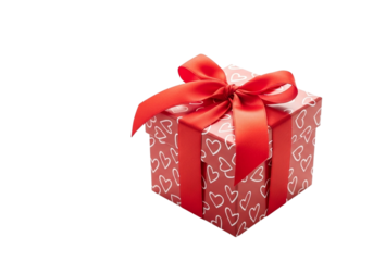 A red gift box with a white heart pattern and a red ribbon bow