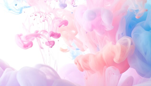 Ethereal cloud-like swirls of pastel pink, blue, and lavender paint dissolving in water against a stark white background - Powered by Adobe