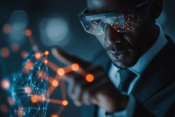 Exploring tomorrow: augmented reality in architectural landscapes. Tech ecosystem. Holographic dream: enhanced reality in a modern atrium. Digital network. Intelligent grid.