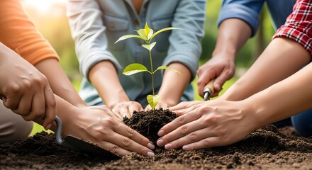 Community gardening collaboration with diverse people planting sapling for environmental awareness and sustainability education