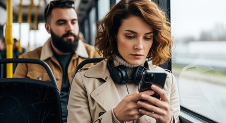 Young woman using smartphone while sitting on bus with man nearby