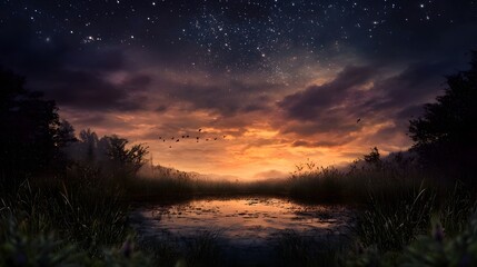 Dramatic twilight sky with stars over a serene wetland landscape featuring birds flying over reflective water