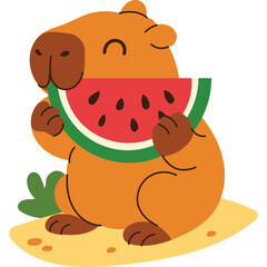 Cute Capybara Enjoying a Watermelon Slice with a Cheerful Expression on a Sandy Surface with Green Foliage Accent
