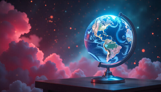 Global Remote Team Collaboration: Translucent Earth Globe with Holographic Faces Connected by Pulsing Lights

