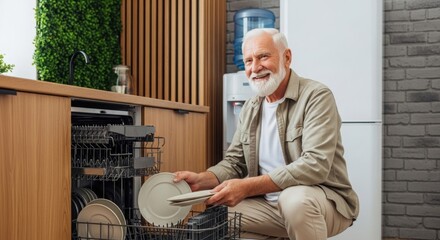 Elderly man loading dishes into a dishwasher in a modern kitchen  