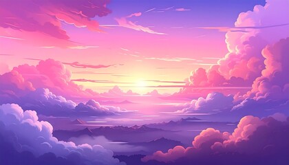 Dreamy, colorful illustration of clouds with mountains beneath, bathed in the light of a soft, central sun