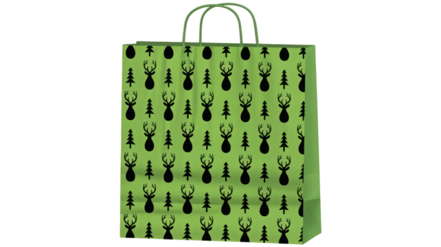 A vibrant green paper gift bag with a repeating pattern of black crayfish or lobsters and handles isolated on transparent background