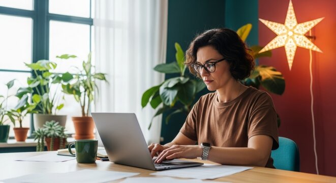 Woman working on laptop in modern home office surrounded by plants