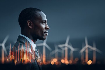 The power of change: embracing wind energy for a greener planet. Business development. Visionary engineer and sprawling wind turbines under a rainbow sky. Market analysis. Capital growth.