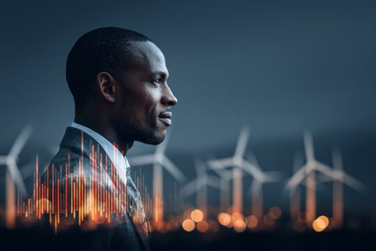 The power of change: embracing wind energy for a greener planet. Business development. Visionary engineer and sprawling wind turbines under a rainbow sky. Market analysis. Capital growth.