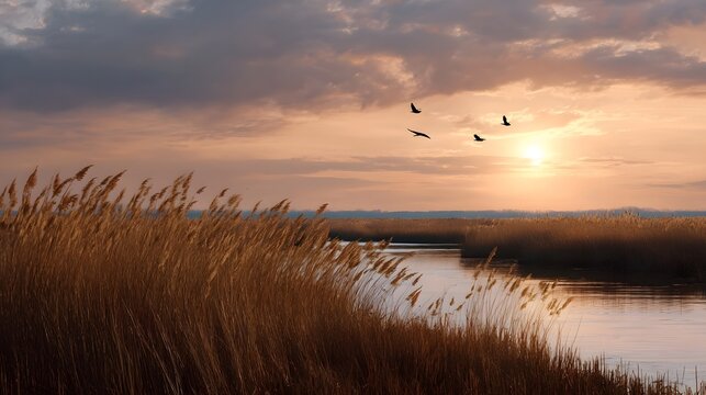 Golden hour illuminates a tranquil wetland landscape with tall reeds and a flock of birds taking flight against a dramatic cloud filled sky - Powered by Adobe