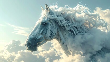 Dreamy, dappled horse merges with fluffy clouds, ethereal and serene in bright sky, creating an otherworldly scene