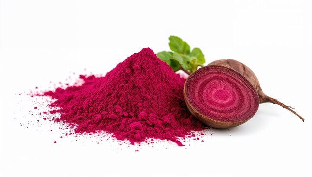 Vibrant festival of colors with natural beetroot gulal powder on white background