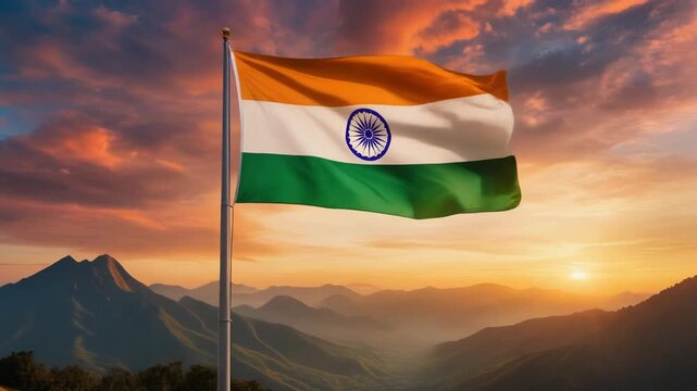 Beautiful Indian flag flying high against a mountainous sunset landscape, vibrant colors and dramatic sky evoke pride and serenity.