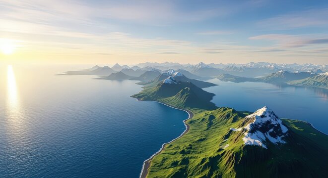 Aerial view of islands with snowcapped mountains and calm ocean - Powered by Adobe