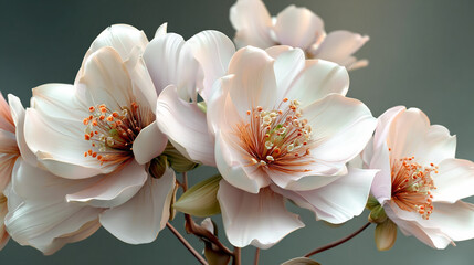 A close up of several white flowers with orange centers against a gray background in soft focus
