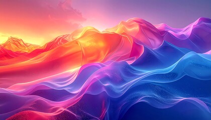 Dreamy, flowing abstract waves transition from warm orange/pink to cool blue/purple under a vibrant sunset sky