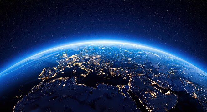 View of earth from space at night, showing city lights illuminating europe - Powered by Adobe