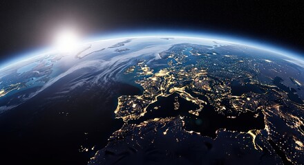 Fototapeta premium Earth from space at sunrise, europe illuminated at night