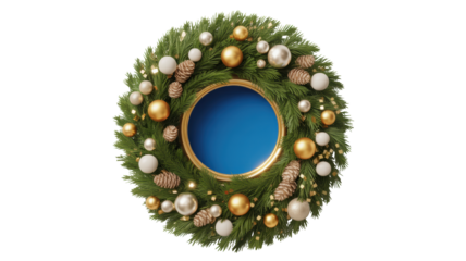 A beautifully decorated traditional christmas wreath made of green fir branches adorned with golden and silver baubles pine cones and berries isolated on transparent background