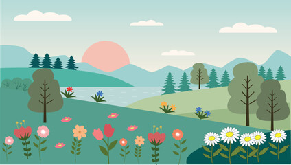 Spring landscape with flowers and sunset