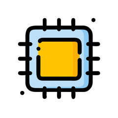 Microchip illustration featuring a square design with a yellow center and blue outline, showcasing technology and innovation in a modern digital context